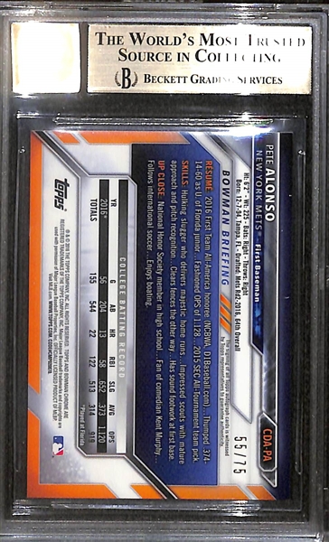 2016 Bowman Chrome Draft Picks Pete Alonso Autographed Black Refractor Rookie #ed  55/75 Graded BGS 9.5 (10 Auto Grade)