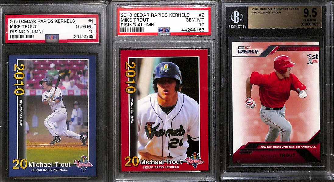 (3) Mike Trout Prospect/Rookie Cards - 2009 Tristar Prospects Plus (BGS 9.5), 2010 Cedar Rapids Rising Alumni #2 (PSA 10), 2010 Cedar Rapids Rising Alumni #1 (Gem Grading Company 10)