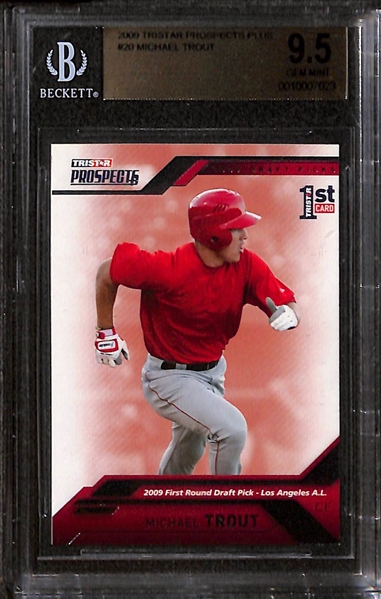 (3) Mike Trout Prospect/Rookie Cards - 2009 Tristar Prospects Plus (BGS 9.5), 2010 Cedar Rapids Rising Alumni #2 (PSA 10), 2010 Cedar Rapids Rising Alumni #1 (Gem Grading Company 10)