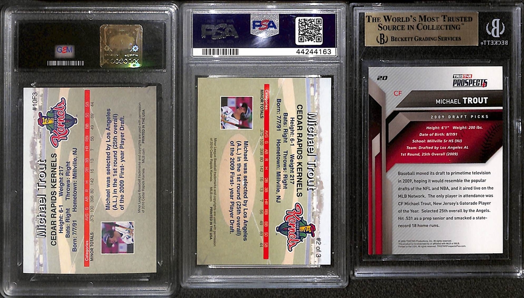 (3) Mike Trout Prospect/Rookie Cards - 2009 Tristar Prospects Plus (BGS 9.5), 2010 Cedar Rapids Rising Alumni #2 (PSA 10), 2010 Cedar Rapids Rising Alumni #1 (Gem Grading Company 10)