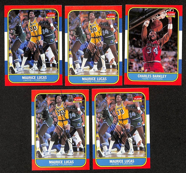 Lot of (5) Signed 1986-87 Fleer Basketball Rookie Cards- Charles Barkley, (4) Maurice Lucas (Beckett BAS Reviewed)