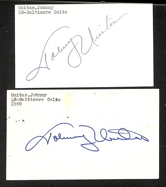 Lot of (2) Johnny Unitas Signed Index Cards (Beckett BAS Reviewed)