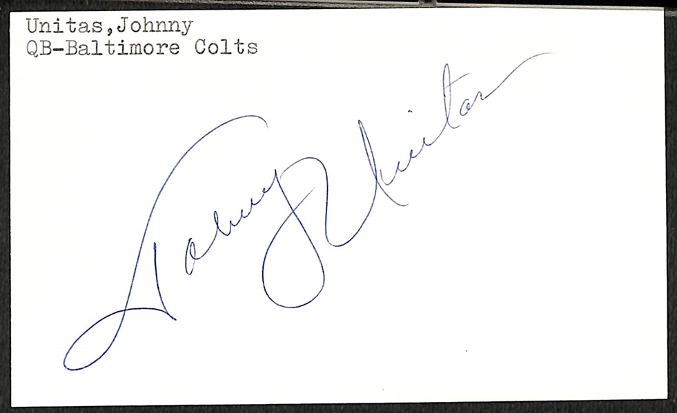 Lot of (2) Johnny Unitas Signed Index Cards (Beckett BAS Reviewed)