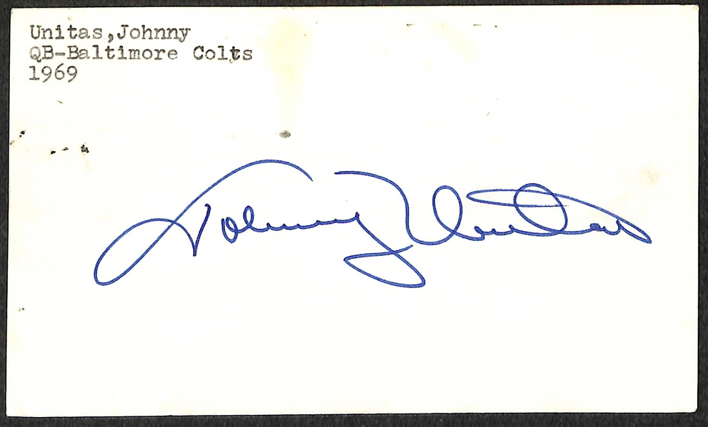 Lot of (2) Johnny Unitas Signed Index Cards (Beckett BAS Reviewed)