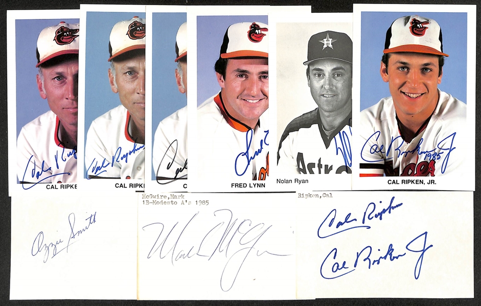 Lot of (9) Signed Baseball Index Cards + Photos inc. (2) Cal Ripken Jr, Nolan Ryan, Ozzie Smith, Mark McGwire, + (Beckett BAS Reviewed)