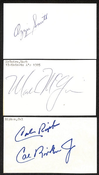 Lot of (9) Signed Baseball Index Cards + Photos inc. (2) Cal Ripken Jr, Nolan Ryan, Ozzie Smith, Mark McGwire, + (Beckett BAS Reviewed)