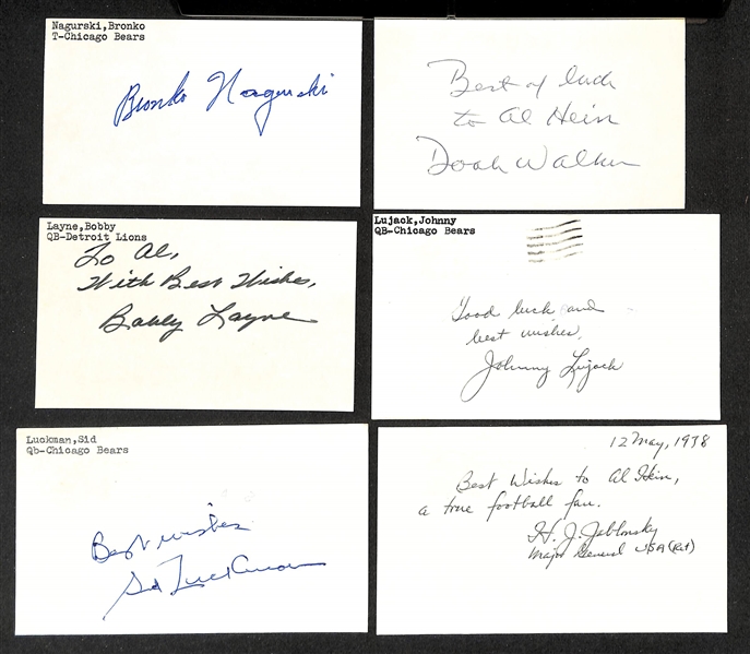 Lot of (6) Signed Football Hall of Famer Index Cards- Bronko Nagurski, Doak Walker, Bobby Layne, Johnny Lujack, Sid Luckman, Harvey Jablonsk (Beckett BAS Reviewed)