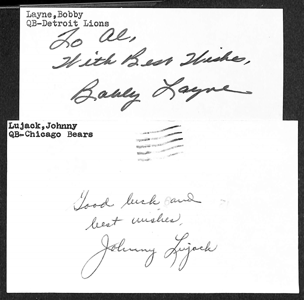 Lot of (6) Signed Football Hall of Famer Index Cards- Bronko Nagurski, Doak Walker, Bobby Layne, Johnny Lujack, Sid Luckman, Harvey Jablonsk (Beckett BAS Reviewed)