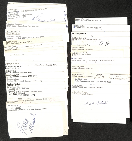 Lot of (50+) Signed Cleveland Browns Index Cards inc. Bill Willis, Paul Warfield, Lou Groza, Otto Graham, Ken Gorgal, + (Beckett BAS Reviewed)