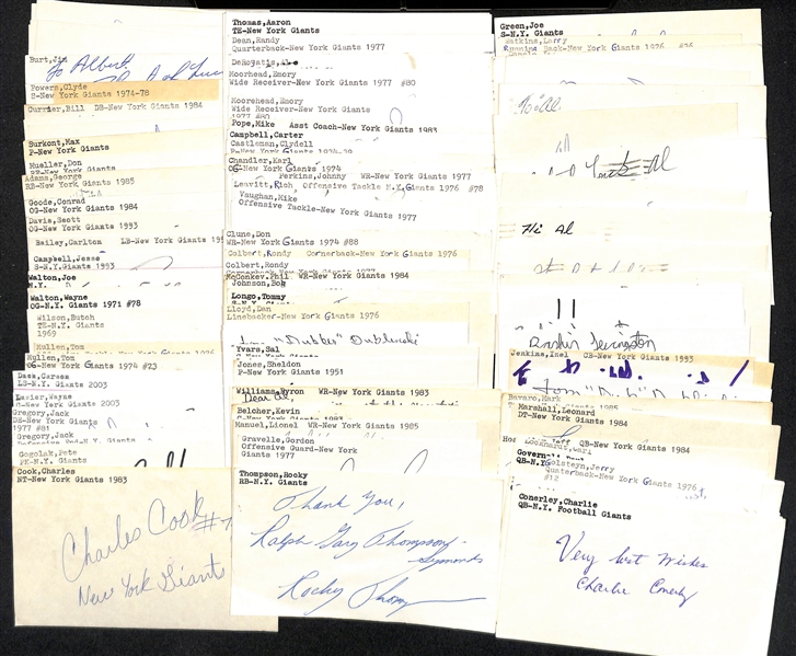 Lot of (50+) Signed New York Giants Index Cards inc. Charlie Conerley, Sonny Grandelius, Harry Carson, Pete Case, + (Beckett BAS Reviewed)