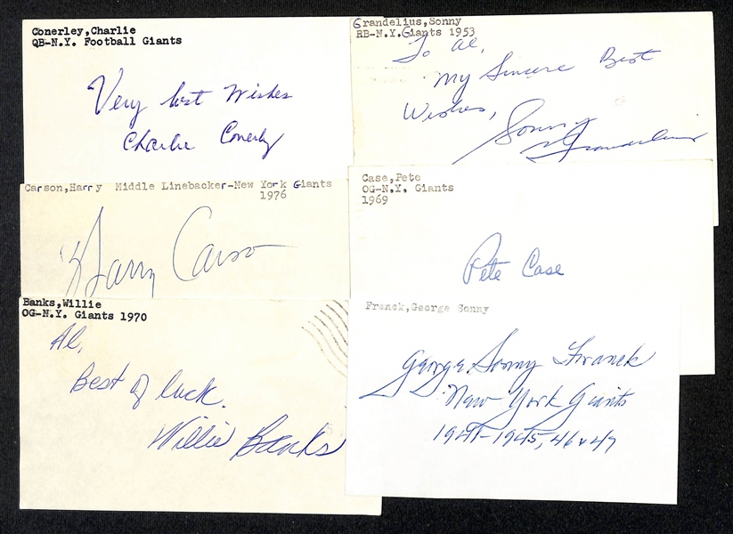 Lot of (50+) Signed New York Giants Index Cards inc. Charlie Conerley, Sonny Grandelius, Harry Carson, Pete Case, + (Beckett BAS Reviewed)