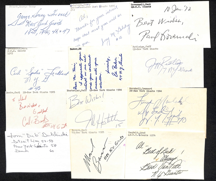 Lot of (50+) Signed New York Giants Index Cards inc. Charlie Conerley, Sonny Grandelius, Harry Carson, Pete Case, + (Beckett BAS Reviewed)