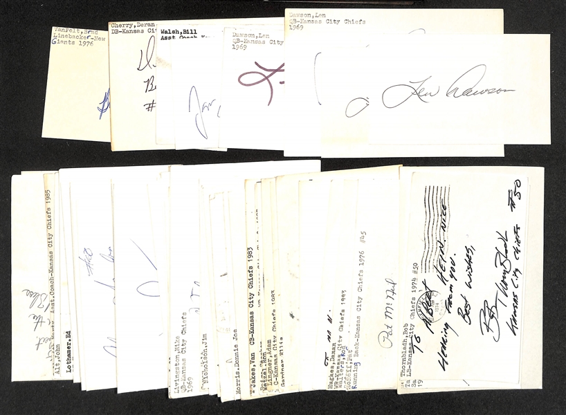 Lot of (75+) Signed Kansas City Chiefs Index Cards inc. (4) Len Dawson, Jon Stenerud, Bill Walsh, Deran Cherry, Bill Maas, Brad VanPelt (Beckett BAS Reviewed)