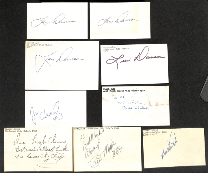 Lot of (75+) Signed Kansas City Chiefs Index Cards inc. (4) Len Dawson, Jon Stenerud, Bill Walsh, Deran Cherry, Bill Maas, Brad VanPelt (Beckett BAS Reviewed)