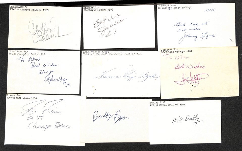 Lot of (300+) Signed Football Index Cards inc. Cliff Branch, Jim McMahon, Johnny Lujack, Ray Donaldson, Francis Lund, + (Beckett BAS Reviewed)