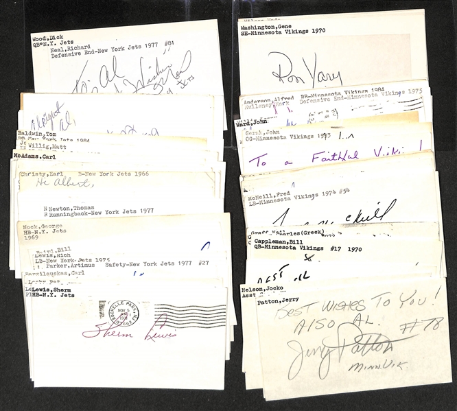 Lot of (75+) Signed Jets and Vikings Index Cards inc. Richard Neal, Dick Wood, Wesley Walker, Ron Yary, Gene Washington, Alan Page, Bob Lee, Wade Wilson, + (Beckett BAS Reviewed)