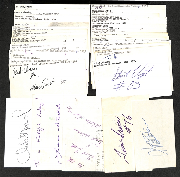 Lot of (75+) Signed Jets and Vikings Index Cards inc. Richard Neal, Dick Wood, Wesley Walker, Ron Yary, Gene Washington, Alan Page, Bob Lee, Wade Wilson, + (Beckett BAS Reviewed)