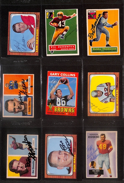 Lot of (9) Signed Vintage Football Cards- Len Dawson, Vic Janowicz, Bobby Thomason, Bobby Dillon, Gary Collins, Jim Whalen, Don Stonesifer, Ron Hall, Bob Haner (Beckett BAS Reviewed)