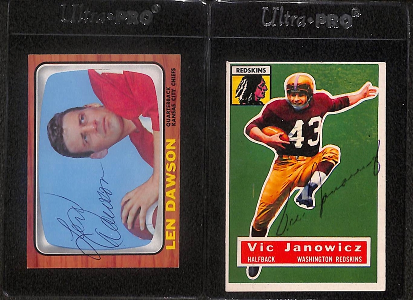 Lot of (9) Signed Vintage Football Cards- Len Dawson, Vic Janowicz, Bobby Thomason, Bobby Dillon, Gary Collins, Jim Whalen, Don Stonesifer, Ron Hall, Bob Haner (Beckett BAS Reviewed)