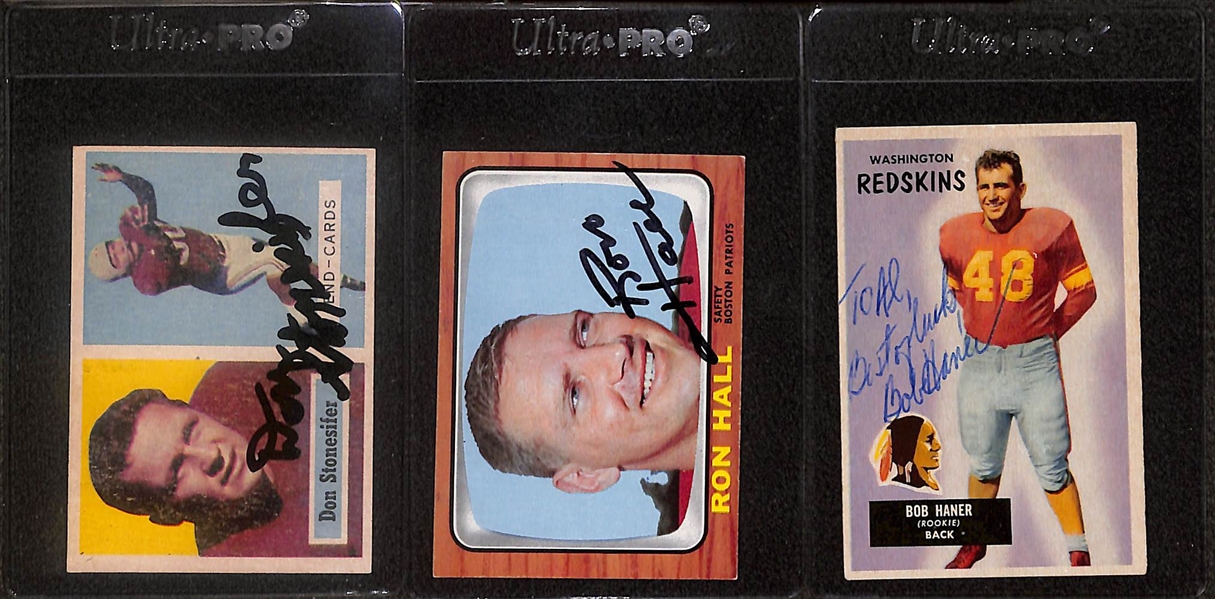 Lot of (9) Signed Vintage Football Cards- Len Dawson, Vic Janowicz, Bobby Thomason, Bobby Dillon, Gary Collins, Jim Whalen, Don Stonesifer, Ron Hall, Bob Haner (Beckett BAS Reviewed)