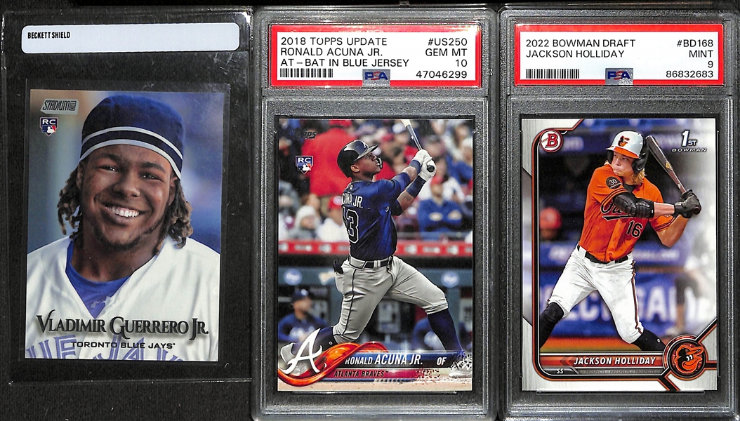 Lot of (11) Graded and Ungraded Baseball Cards w. Vladimir Guerrero Jr., Ronald Acuna Jr., and Jackson Holliday Rookies!