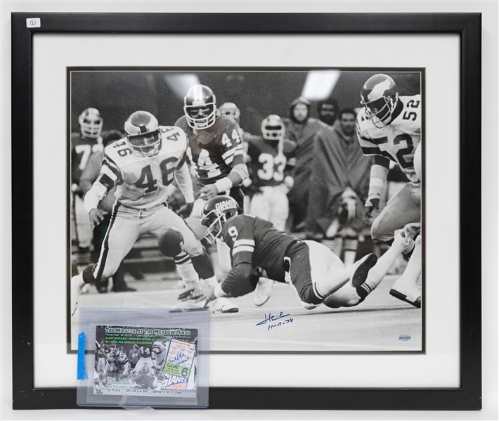 The Miracle At The Meadowlands Herman Edwards Autographed 16 x 20 Framed Photo w. Coach Dick Vermeil Autographed Game Ticket (+JSA Auction Letter)