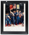 1980 USA Olympic Hockey Team Signed 16"x20" Framed Gold Medal Podium Ceremony Team Picture (+JSA Auction Letter)