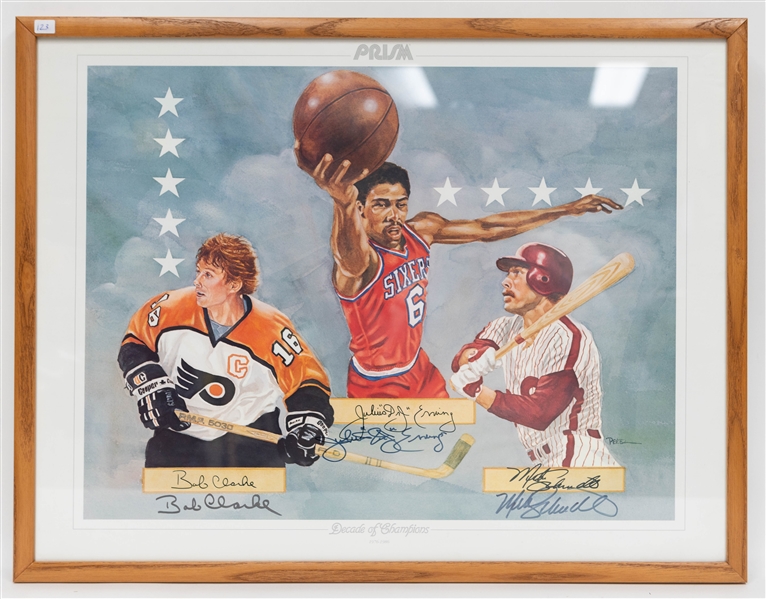 Prism Decade of Champions 16x20 Framed Philadelphia Sports Legends Bob Clarke, Julius Erving & Mike Schmidt Autographed Print in 27x21 Wood Frame (JSA Auction Letter)