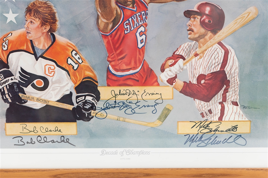 Prism Decade of Champions 16x20 Framed Philadelphia Sports Legends Bob Clarke, Julius Erving & Mike Schmidt Autographed Print in 27x21 Wood Frame (JSA Auction Letter)