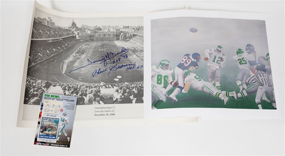 1988 Fog Bowl Randall Cunningham Print (NFC Divisional Playoff) w.  Fog Bowl Ticket Stub Signed by Mike Singletary - Also Includes Chuck Bednarik & Tommy McDonald Signed 8x10 Photos (JSA...