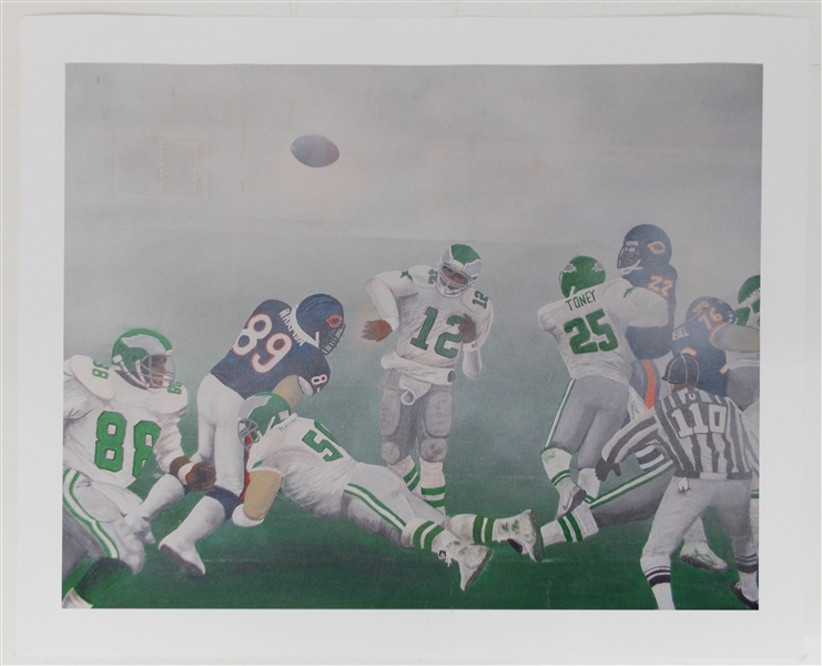 1988 Fog Bowl Randall Cunningham Print (NFC Divisional Playoff) w.  Fog Bowl Ticket Stub Signed by Mike Singletary - Also Includes Chuck Bednarik & Tommy McDonald Signed 8x10 Photos (JSA...