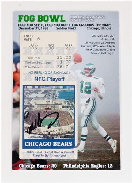 1988 Fog Bowl Randall Cunningham Print (NFC Divisional Playoff) w.  Fog Bowl Ticket Stub Signed by Mike Singletary - Also Includes Chuck Bednarik & Tommy McDonald Signed 8x10 Photos (JSA...