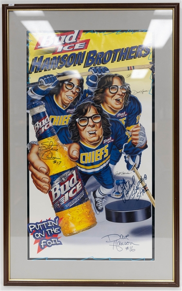 Hanson Brothers Bud Ice Advertisement Puttin' on the Foil 16 x 30  Steve Carlson, Dave Hanson & Jeff Carlson Autographed Poster in a 23 x37 Frame + (JSA Auction Letter). 