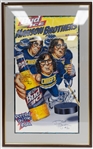 Hanson Brothers Bud Ice Advertisement "Puttin on the Foil" 16" x 30"  Steve Carlson, Dave Hanson & Jeff Carlson Autographed Poster in a 23" x37" Frame + (JSA Auction Letter). 