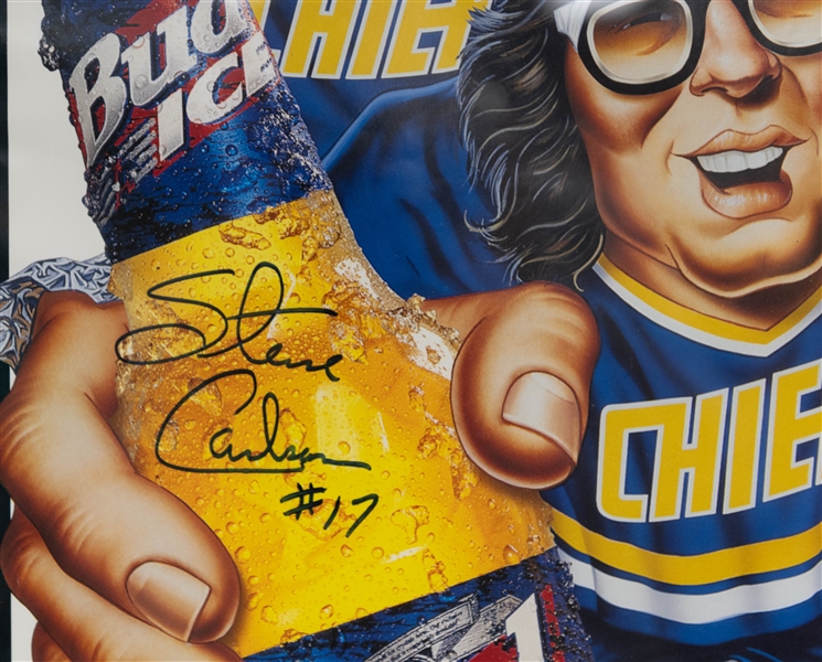 Hanson Brothers Bud Ice Advertisement Puttin' on the Foil 16 x 30  Steve Carlson, Dave Hanson & Jeff Carlson Autographed Poster in a 23 x37 Frame + (JSA Auction Letter). 