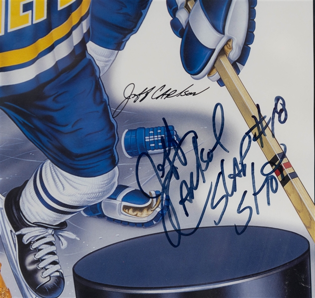 Hanson Brothers Bud Ice Advertisement Puttin' on the Foil 16 x 30  Steve Carlson, Dave Hanson & Jeff Carlson Autographed Poster in a 23 x37 Frame + (JSA Auction Letter). 