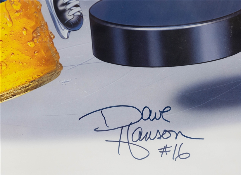 Hanson Brothers Bud Ice Advertisement Puttin' on the Foil 16 x 30  Steve Carlson, Dave Hanson & Jeff Carlson Autographed Poster in a 23 x37 Frame + (JSA Auction Letter). 