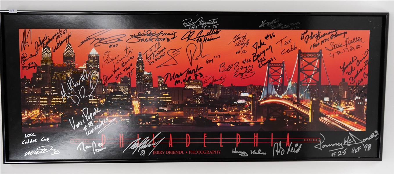 Philadelphia Sports Legends Autographed Framed Philadelphia Skyline 14x36 Image w. 25+ Autographs, Inc. Julius Erving, Steve Carlton, Harry Kalas, Bernie Parent, Mike Vick, & Andy Reid (JSA...