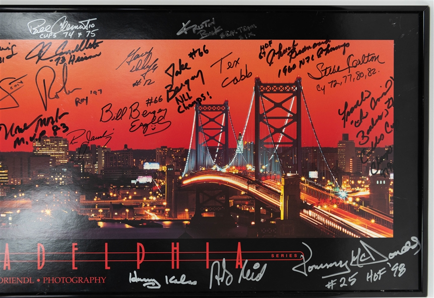 Philadelphia Sports Legends Autographed Framed Philadelphia Skyline 14x36 Image w. 25+ Autographs, Inc. Julius Erving, Steve Carlton, Harry Kalas, Bernie Parent, Mike Vick, & Andy Reid (JSA...