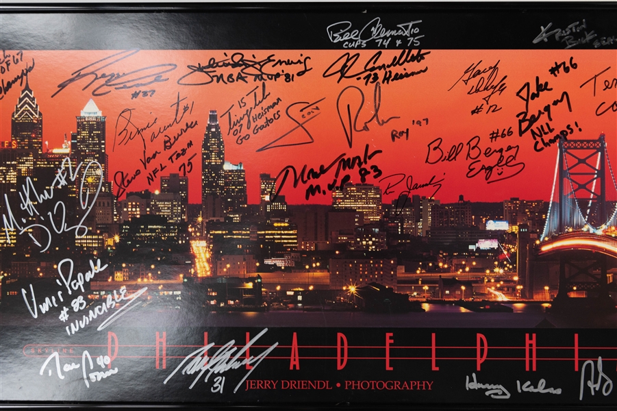 Philadelphia Sports Legends Autographed Framed Philadelphia Skyline 14x36 Image w. 25+ Autographs, Inc. Julius Erving, Steve Carlton, Harry Kalas, Bernie Parent, Mike Vick, & Andy Reid (JSA...