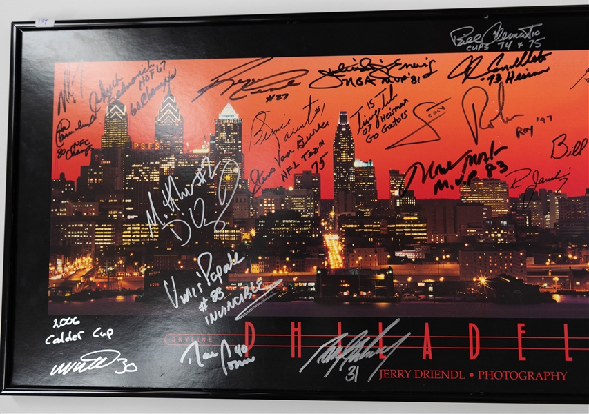 Philadelphia Sports Legends Autographed Framed Philadelphia Skyline 14x36 Image w. 25+ Autographs, Inc. Julius Erving, Steve Carlton, Harry Kalas, Bernie Parent, Mike Vick, & Andy Reid (JSA...