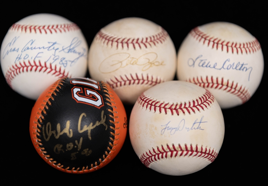 Lot of (5) Signed Baseballs with Steve Carlton, Lenny Dykstra, Enos Slaughter, Olrando Cepeda, & Pete Rose (JSA Auction Letter)