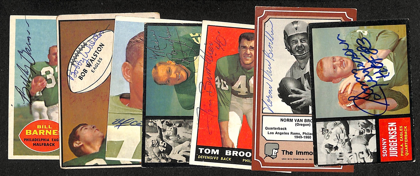 Lot of (7) Signed Football Trading Cards inc. Hall of Famer Sonny Jurgensen, Norm Van Brocklin, Tom Brookshier, Maxie Baughan, Marion Campbell, Bob Walston & Bill Barnes + (JSA Auction Letter) 