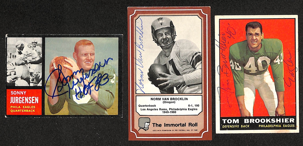 Lot of (7) Signed Football Trading Cards inc. Hall of Famer Sonny Jurgensen, Norm Van Brocklin, Tom Brookshier, Maxie Baughan, Marion Campbell, Bob Walston & Bill Barnes + (JSA Auction Letter) 