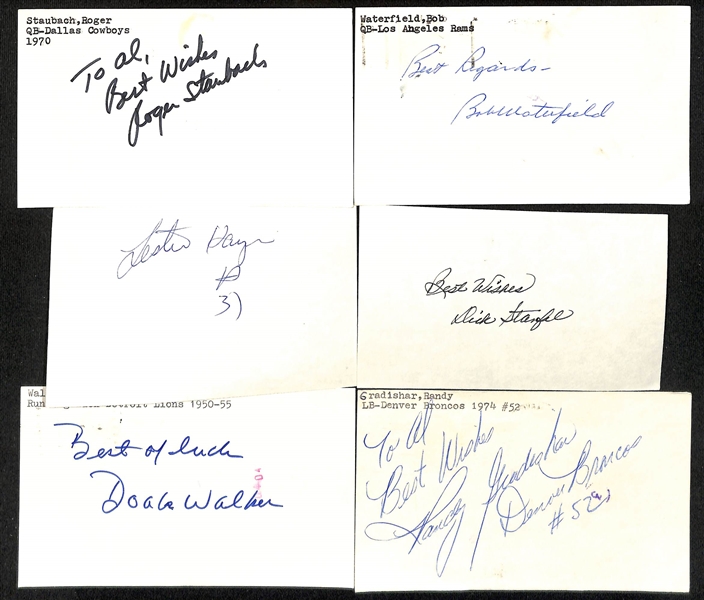 Lot of (145+) Football Signed Index Cards w. Bob Waterfield, Roger Staubach, Randy Gradishar, + (JSA Auction Letter)