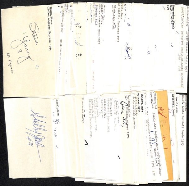 Lot of (90+) Football Signed Index Cards w. Steve Young, Otto Graham, Jack Christiansen, Les Richter, + (JSA Auction Letter)