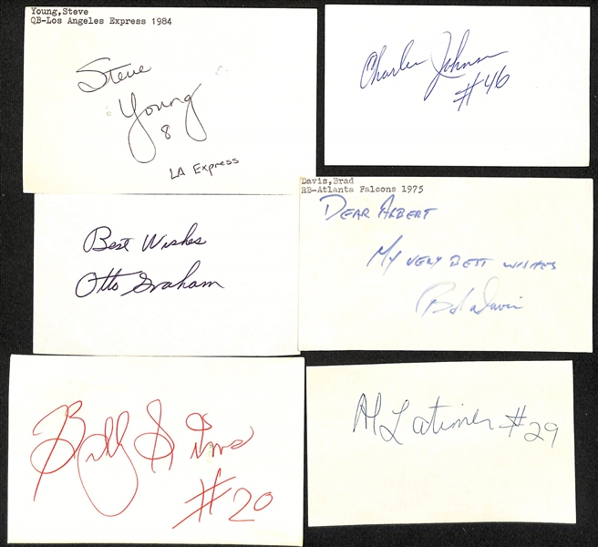 Lot of (90+) Football Signed Index Cards w. Steve Young, Otto Graham, Jack Christiansen, Les Richter, + (JSA Auction Letter)