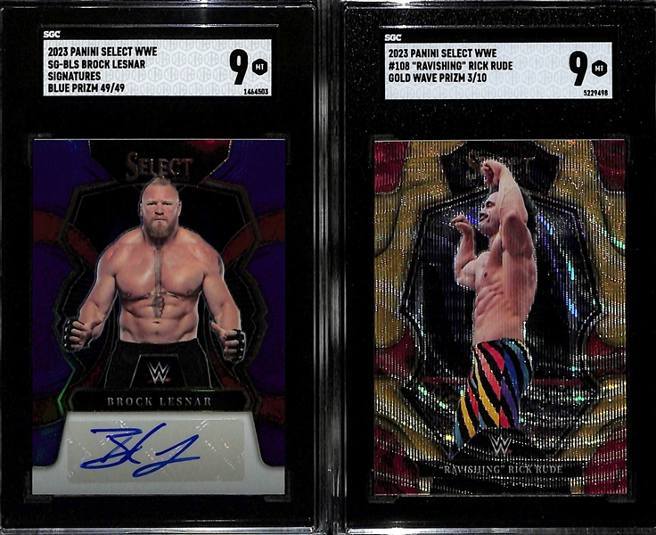 Lot of (2) SGC Graded 2023 Panini Select WWE Cards inc. Brock Lesner Signatures #/49