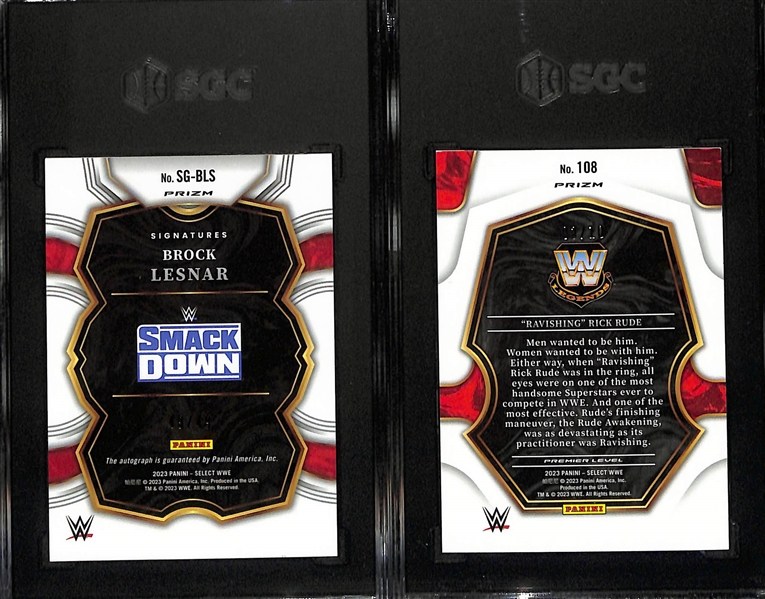 Lot of (2) SGC Graded 2023 Panini Select WWE Cards inc. Brock Lesner Signatures #/49