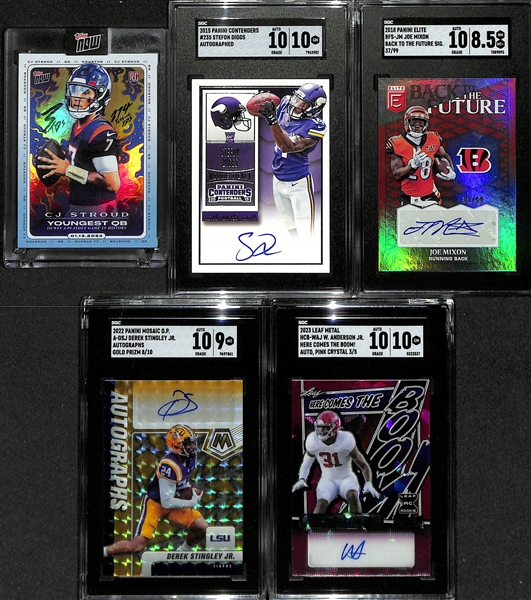 (5) Football Cards w. 2018 CJ Stroud Topps Now Rookie, 2015 Contenders Stefon Diggs Autographed Rookie (SGC 10/10), 2018 Elite Joe Mixon Autograph